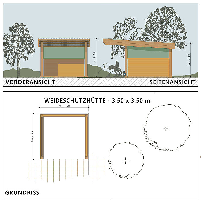 Weidehütte, Offenstall - 3,50 x 3,50 m mit Vollholzwand und Windschutznetz