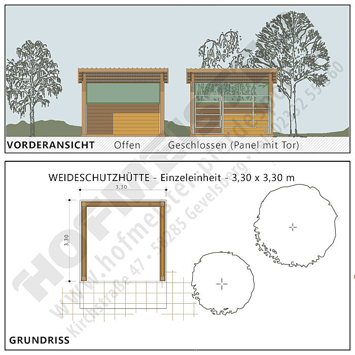 Weidehütte, Offenstall - 3,50 x 3,50 m mit Vollholzwand und Windschutznetz